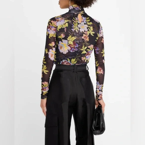 Cinq a sept Bridgette shirred mesh floral turtleneck top sz lg - Picture 6 of 15